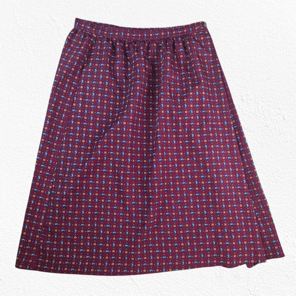 70s Vintage Burgundy Paisley Geometric Boho Retro Midi Full A-Line Skirt Size 12 - Picture 1 of 8